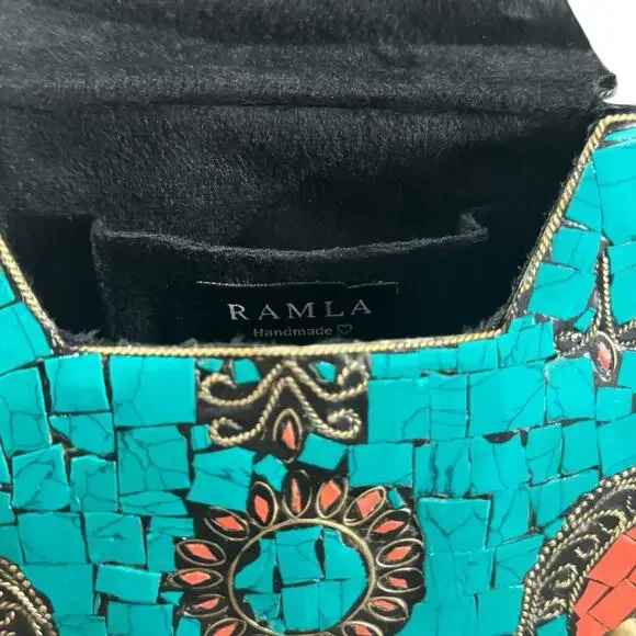 Ramla Handmade Moroccan Turquoise Tile Mosaic Clutch Crossbody with Gold Chain - Picture 7 of 9
